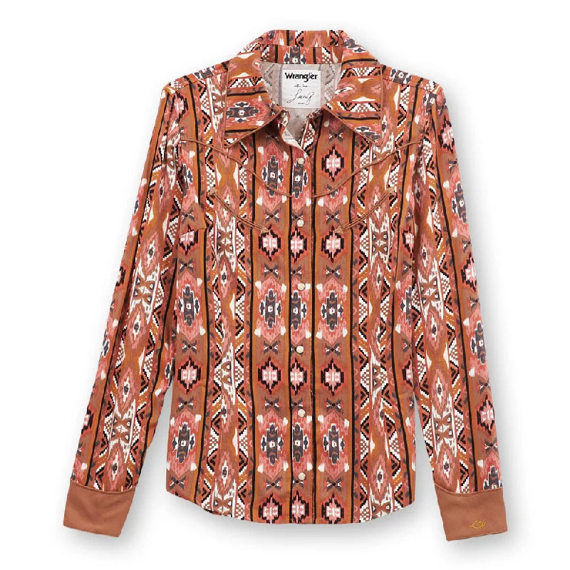 112360599 Wrangler X Lainey Wilson Women's Chestnut Checotah Long Sleeve Snap Shirt-- Spandex Blend Rayon Blend Denim Blend 112360599 Wrangler X Lainey Wilson Women's Chestnut Checotah Long Sleeve Snap Shirt-- Spandex Blend Rayon Blend Denim Blend