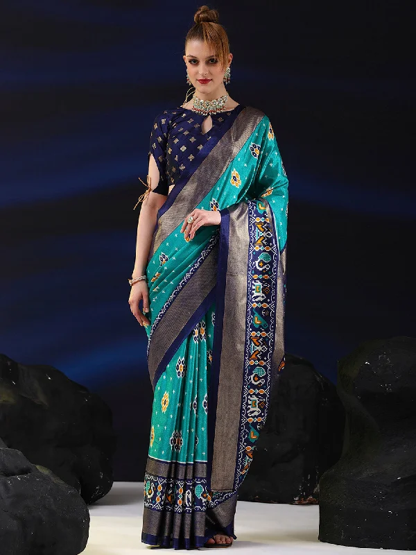 Women's Dola Silk Light Blue Printed Designer Saree With Blouse Piece Gathered Detail Blouse Women's Dola Silk Light Blue Printed Designer Saree With Blouse Piece Gathered Detail Blouse