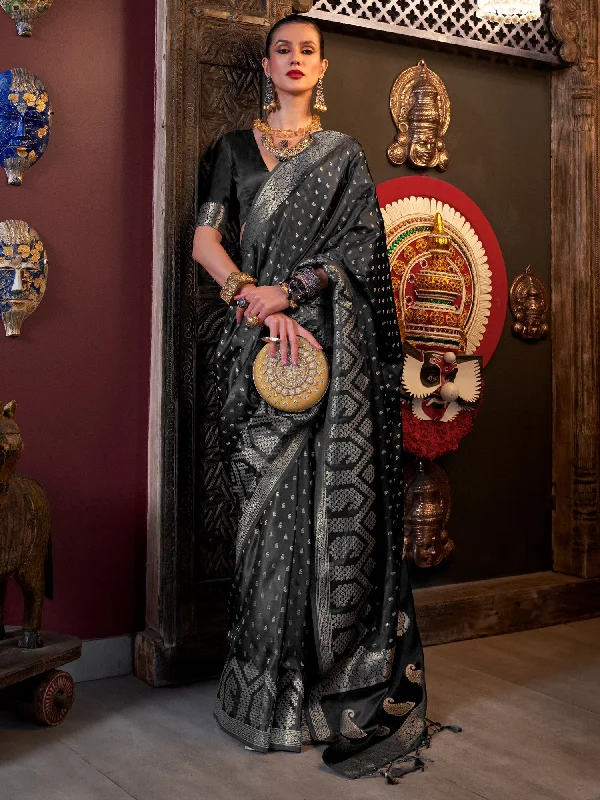 Women's Satin Silk Black Woven Design Designer Saree With Blouse Piece Casual Stripe Blouse Women's Satin Silk Black Woven Design Designer Saree With Blouse Piece Casual Stripe Blouse