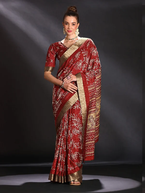 Women's Silk Blend Maroon Printed Designer Saree With Blouse Piece Classic Minimalist Blouse Women's Silk Blend Maroon Printed Designer Saree With Blouse Piece Classic Minimalist Blouse