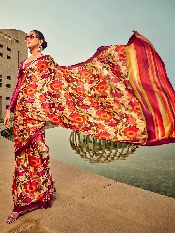 Women's Satin Silk Beige Printed Designer Saree With Blouse Piece Balloon Sleeve Blouse Women's Satin Silk Beige Printed Designer Saree With Blouse Piece Balloon Sleeve Blouse