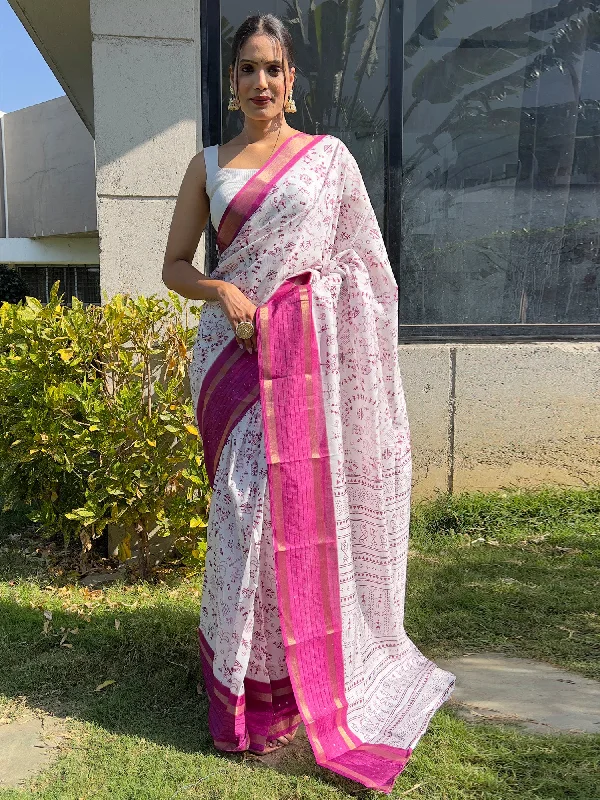 Women's Dola Silk White Printed Ready to Wear With Blouse Piece Silky Draped Blouse