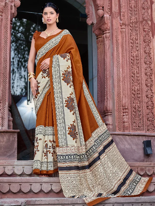 Women's Bhagalpuri Silk Brown Printed Designer Saree With Blouse Piece Polished Work Blouse Women's Bhagalpuri Silk Brown Printed Designer Saree With Blouse Piece Polished Work Blouse