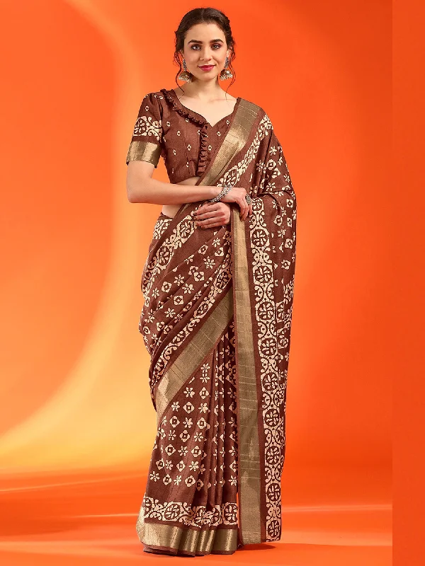 Women's Silk Blend Brown Printed Designer Saree With Blouse Piece Ruched Sleeve Blouse Women's Silk Blend Brown Printed Designer Saree With Blouse Piece Ruched Sleeve Blouse