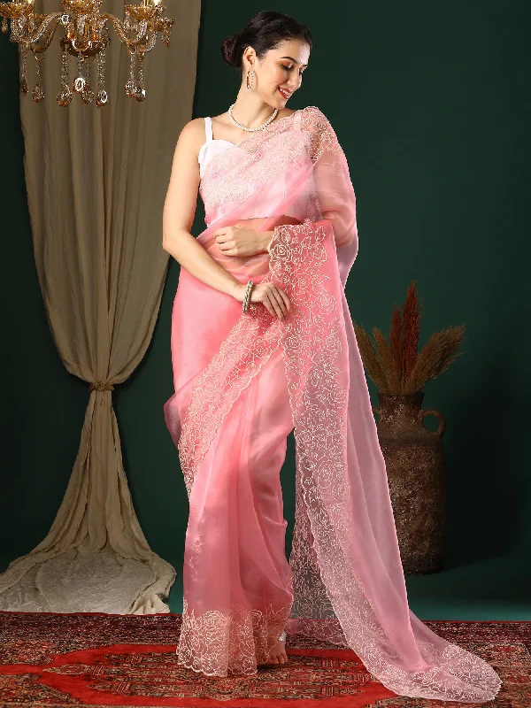 Women's Organza Pink Embroidered Designer Saree With Blouse Piece Floral Chiffon Blouse Women's Organza Pink Embroidered Designer Saree With Blouse Piece Floral Chiffon Blouse