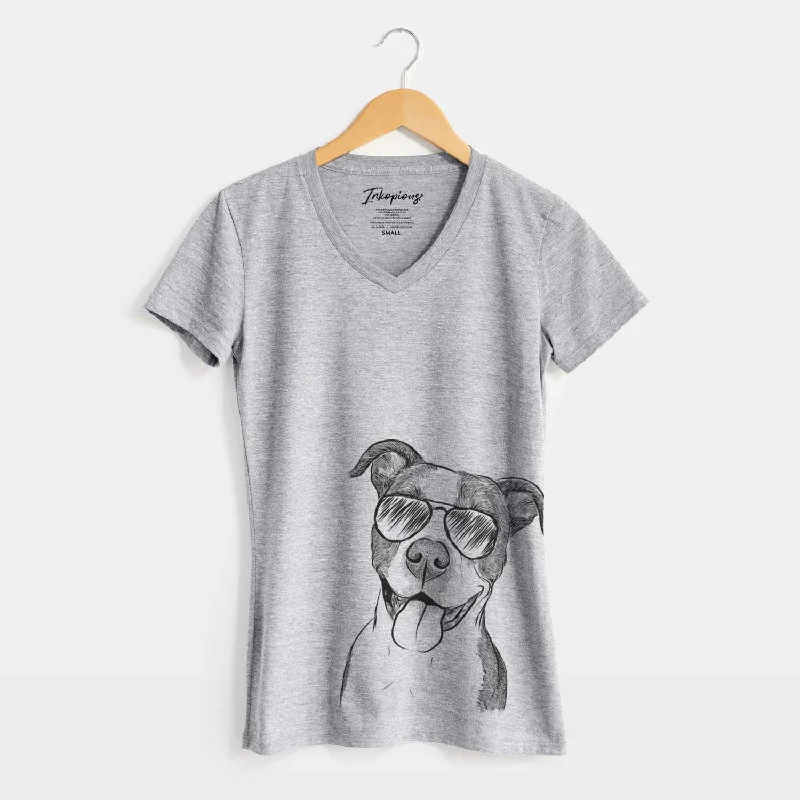 Aviator Jax the American Pitbull Terrier Mix - Women's V-neck Shirt-- Lace Blend Ribbed Blend Corduroy Blend Aviator Jax the American Pitbull Terrier Mix - Women's V-neck Shirt-- Lace Blend Ribbed Blend Corduroy Blend