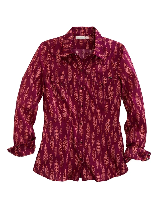 Tin Haul Womens Aztec Feathers Wine 100% Cotton L/S Shirt-- Print Jacquard Patchwork Tin Haul Womens Aztec Feathers Wine 100% Cotton L/S Shirt-- Print Jacquard Patchwork
