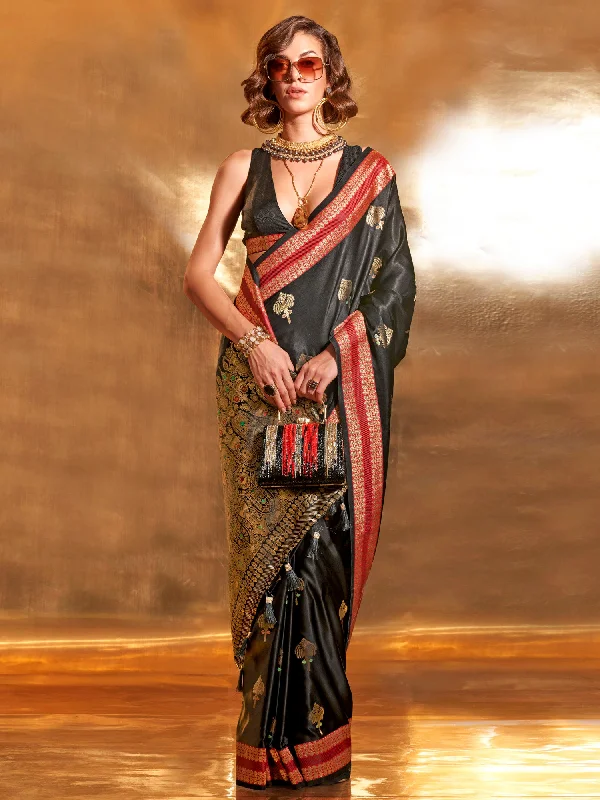 Women's Satin Silk Black Woven Design Designer Saree With Blouse Piece Feminine Puff Blouse Women's Satin Silk Black Woven Design Designer Saree With Blouse Piece Feminine Puff Blouse