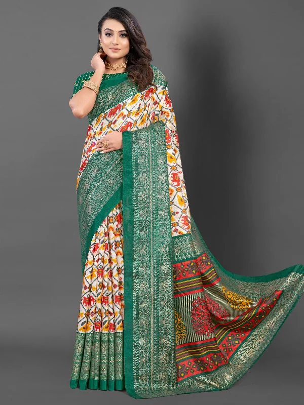 Women's Dola Silk White Printed Designer Saree With Blouse Piece Sleeveless Chiffon Blouse Women's Dola Silk White Printed Designer Saree With Blouse Piece Sleeveless Chiffon Blouse
