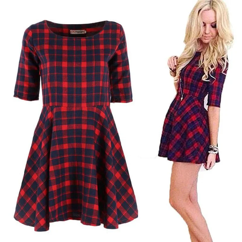 Women Red Plaid Dress Round Neck Summer Half Sleeve Fashion Mini Dresses Vestidos Y2 Comfortable Ruffle Mini Dress Women Red Plaid Dress Round Neck Summer Half Sleeve Fashion Mini Dresses Vestidos Y2 Comfortable Ruffle Mini Dress