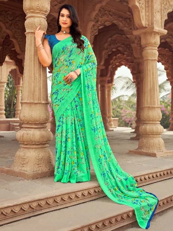Women's Chiffon Sea Green Printed Designer Saree With Blouse Piece Office Formal Blouse Women's Chiffon Sea Green Printed Designer Saree With Blouse Piece Office Formal Blouse