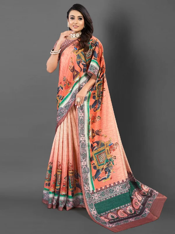 Women's Silk Blend Peach Printed Designer Saree With Blouse Piece Modern Oversized Blouse Women's Silk Blend Peach Printed Designer Saree With Blouse Piece Modern Oversized Blouse