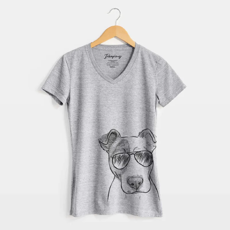Aviator Manchi the Pitbull Mix - Women's V-neck Shirt-- Embroidered Appliqued Beaded Aviator Manchi the Pitbull Mix - Women's V-neck Shirt-- Embroidered Appliqued Beaded