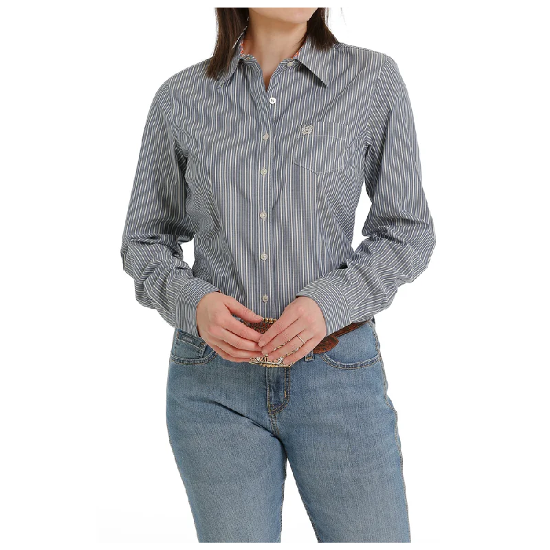 MSW9164196 Cinch Women's Long Sleeve Striped Button Shirt -Blue & White-- Zippered Front Buttoned Front Snap Front MSW9164196 Cinch Women's Long Sleeve Striped Button Shirt -Blue & White-- Zippered Front Buttoned Front Snap Front