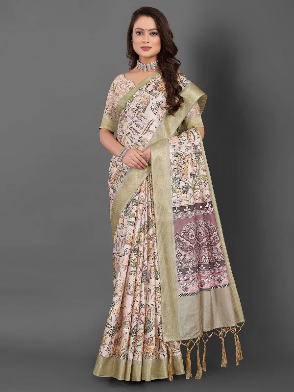 Women's Manipuri Silk Beige Printed Designer Saree With Blouse Piece Drape Neck Blouse Women's Manipuri Silk Beige Printed Designer Saree With Blouse Piece Drape Neck Blouse
