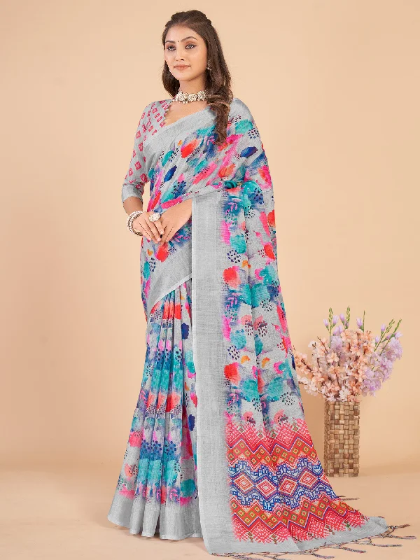 Women's Linen Blend Grey Printed Designer Saree With Blouse Piece Embellished Collar Blouse Women's Linen Blend Grey Printed Designer Saree With Blouse Piece Embellished Collar Blouse
