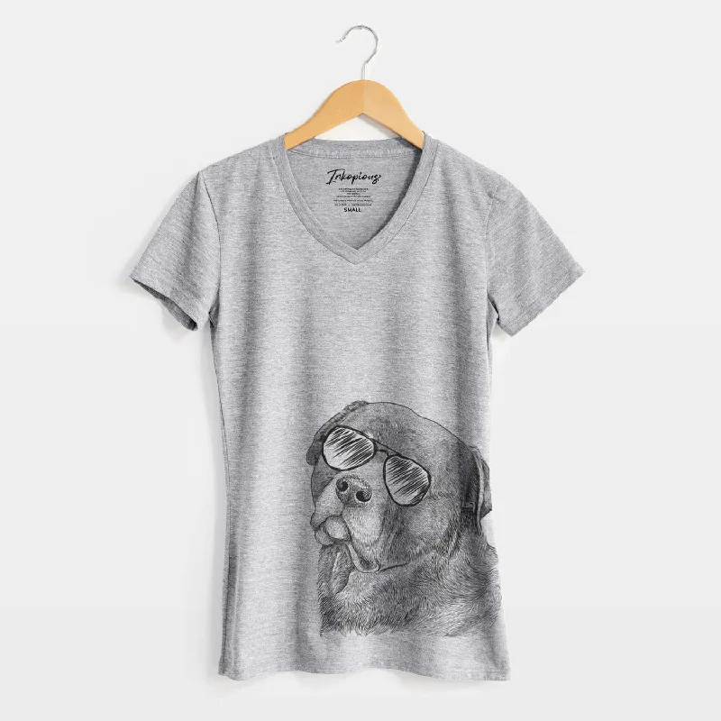 Aviator Bender the Rottweiler - Women's V-neck Shirt-- Spandex Blend Rayon Blend Denim Blend Aviator Bender the Rottweiler - Women's V-neck Shirt-- Spandex Blend Rayon Blend Denim Blend