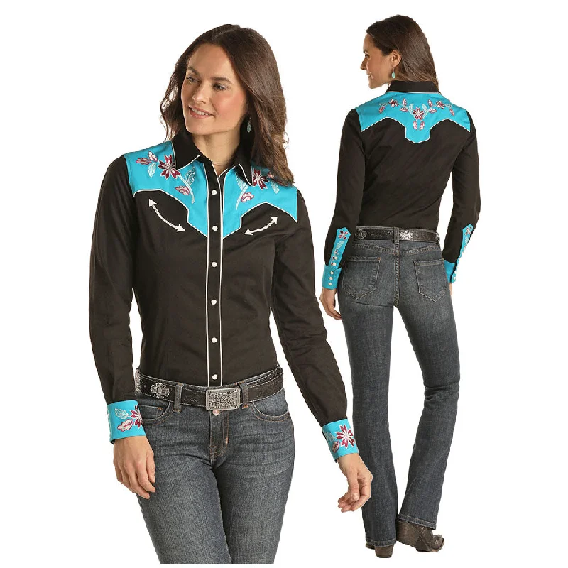 22S2105 Panhandle Women's Retro Embroidered Snap Western Shirt - Black & Turquoise-- Solid Color Striped Floral 22S2105 Panhandle Women's Retro Embroidered Snap Western Shirt - Black & Turquoise-- Solid Color Striped Floral