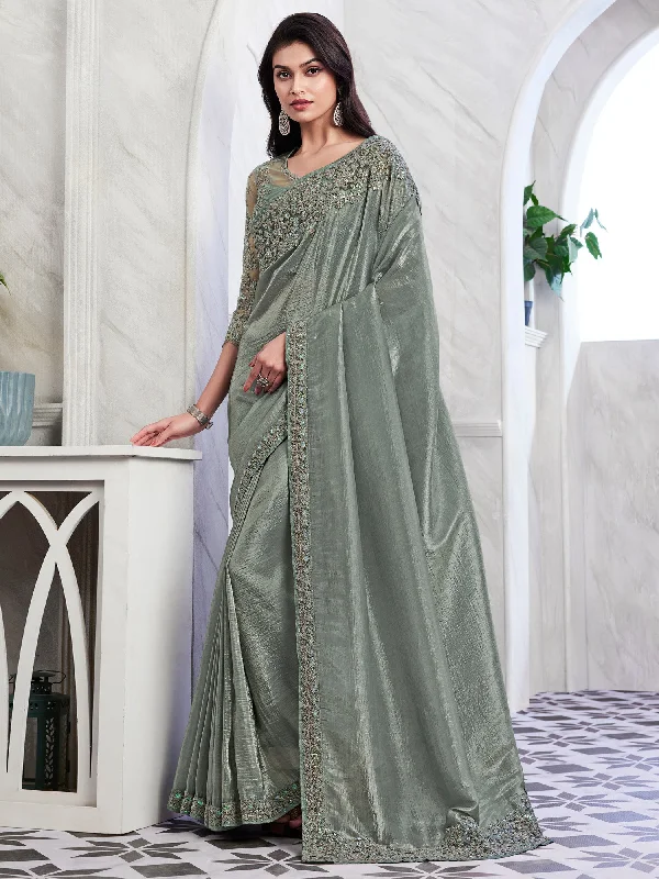 Women's Georgette Sea Green Embellished Designer Saree With Blouse Piece Puff Sleeve Blouse Women's Georgette Sea Green Embellished Designer Saree With Blouse Piece Puff Sleeve Blouse