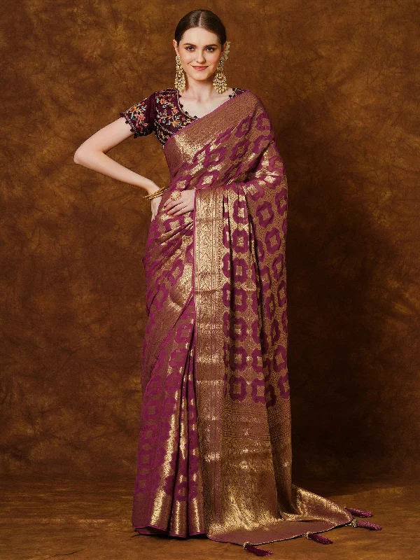 Women's Georgette Mauve Woven Design Designer Saree With Blouse Piece Playful Puff Blouse Women's Georgette Mauve Woven Design Designer Saree With Blouse Piece Playful Puff Blouse