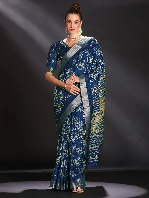 Women's Silk Blend Navy Blue Printed Designer Saree With Blouse Piece Smart Casual Blouse Women's Silk Blend Navy Blue Printed Designer Saree With Blouse Piece Smart Casual Blouse