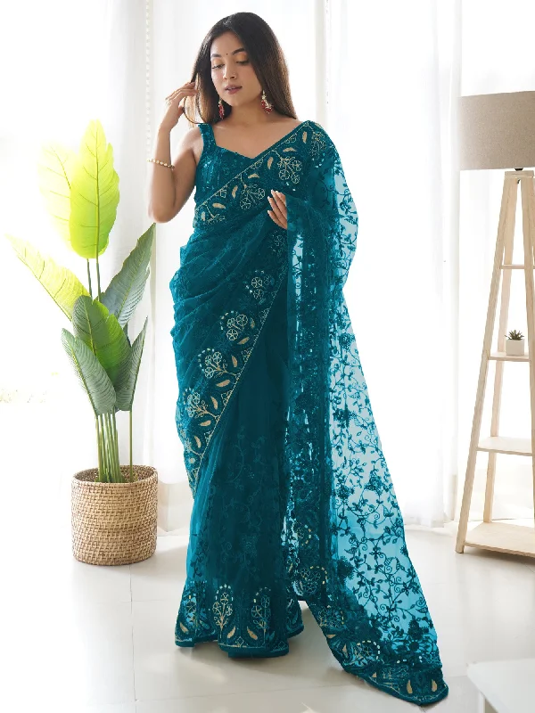Women's Net Teal blue Embellished Designer Saree With Blouse Piece Embroidered Cotton Blouse Women's Net Teal blue Embellished Designer Saree With Blouse Piece Embroidered Cotton Blouse