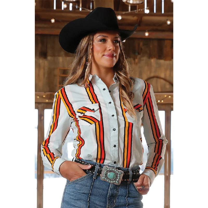 CTW7250009 Cruel Girl Women's Long Sleeve Boyfriend Fit Western Snap Shirt - White & Orange Stripe-- Asymmetrical Pockets Print CTW7250009 Cruel Girl Women's Long Sleeve Boyfriend Fit Western Snap Shirt - White & Orange Stripe-- Asymmetrical Pockets Print