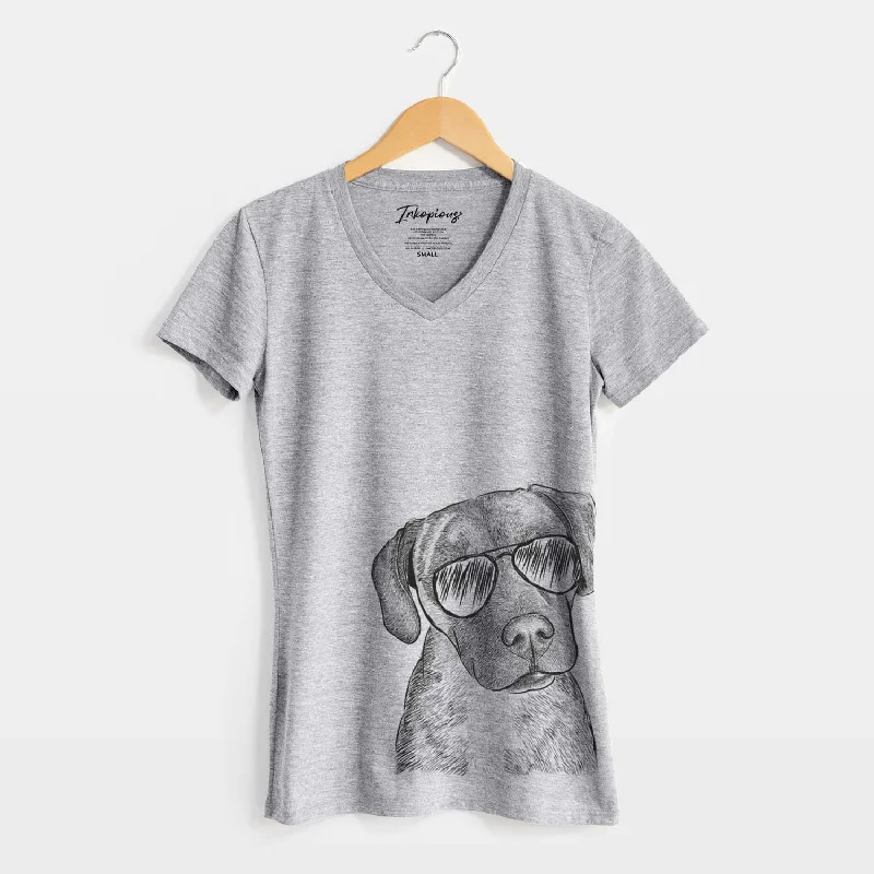 Aviator Peyton Manning the Beagle Bulldog Mix - Women's V-neck Shirt-- Striped Floral Plaid Aviator Peyton Manning the Beagle Bulldog Mix - Women's V-neck Shirt-- Striped Floral Plaid