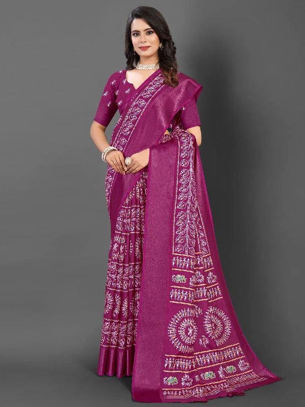 Women's Dola Silk Magenta Printed Designer Saree With Blouse Piece Elegant Office Blouse Women's Dola Silk Magenta Printed Designer Saree With Blouse Piece Elegant Office Blouse