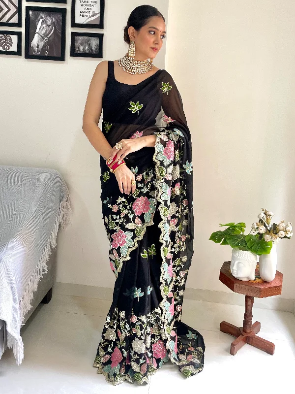 Women's Georgette Black Embellished Designer Saree With Blouse Piece Smart Casual Blouse Women's Georgette Black Embellished Designer Saree With Blouse Piece Smart Casual Blouse