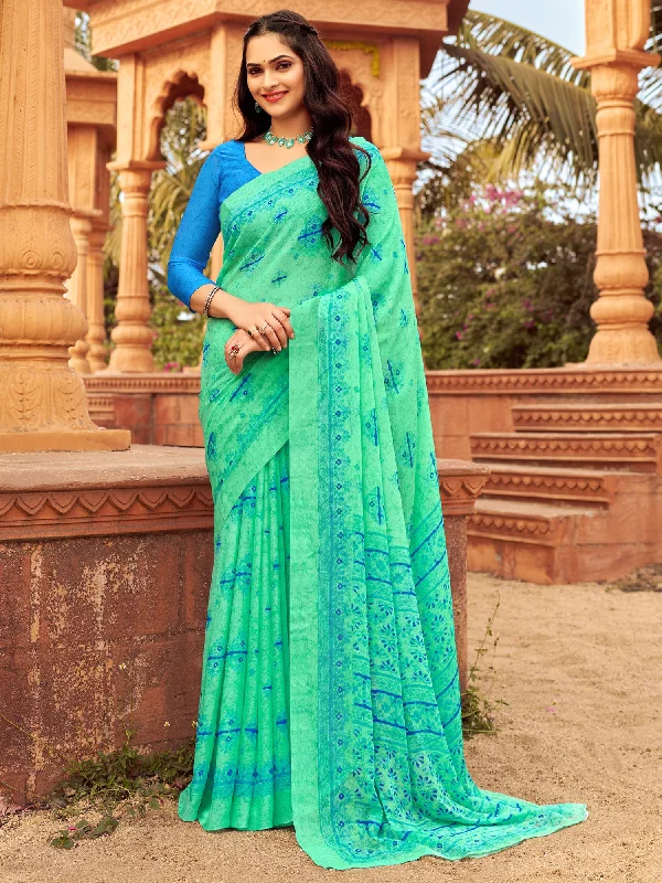Women's Chiffon Sea Green Printed Designer Saree With Blouse Piece Vintage Polka Blouse Women's Chiffon Sea Green Printed Designer Saree With Blouse Piece Vintage Polka Blouse