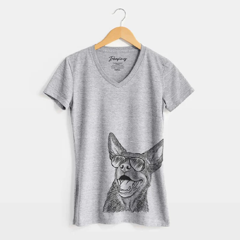Aviator Tucker the Australian Kelpie - Women's V-neck Shirt-- Satin Fabric Silk Fabric Chiffon Fabric Aviator Tucker the Australian Kelpie - Women's V-neck Shirt-- Satin Fabric Silk Fabric Chiffon Fabric
