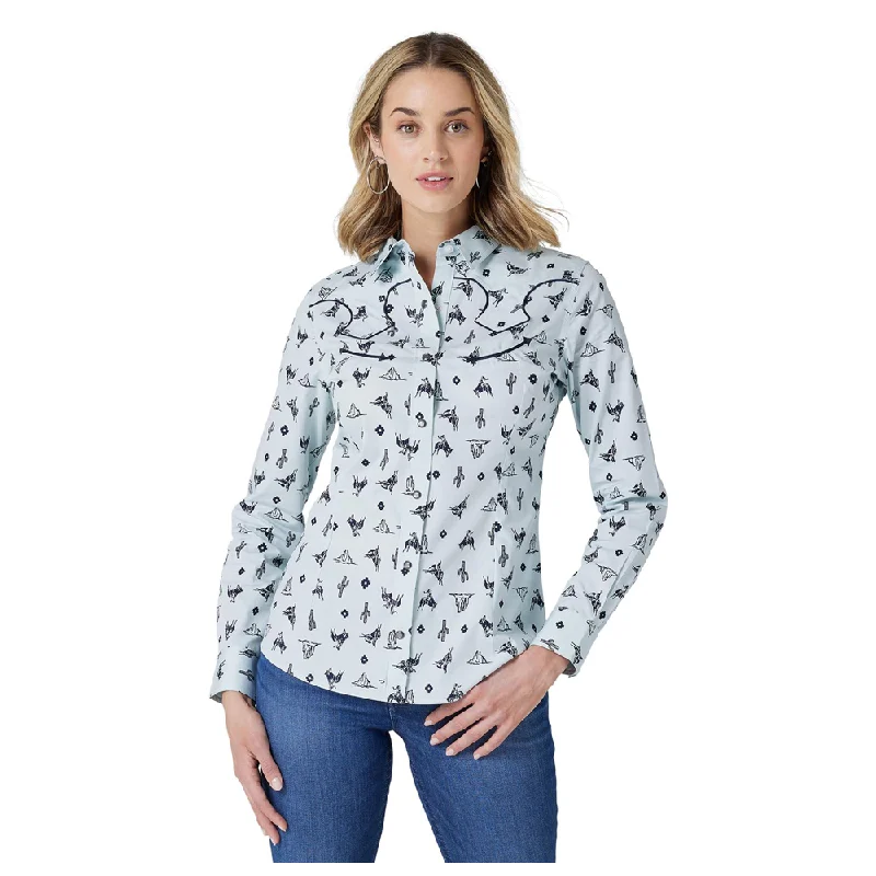 112327262 Wrangler Women's Retro Western Snap Shirt - Blue Print-- Cotton Fabric Linen Fabric Terry Fabric 112327262 Wrangler Women's Retro Western Snap Shirt - Blue Print-- Cotton Fabric Linen Fabric Terry Fabric