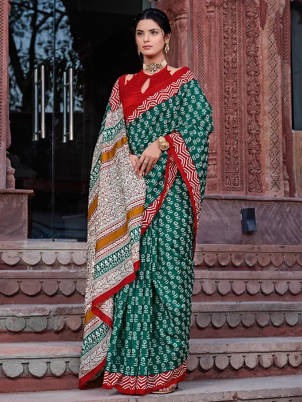 Women's Bhagalpuri Silk Teal green Printed Designer Saree With Blouse Piece Balloon Sleeve Blouse Women's Bhagalpuri Silk Teal green Printed Designer Saree With Blouse Piece Balloon Sleeve Blouse