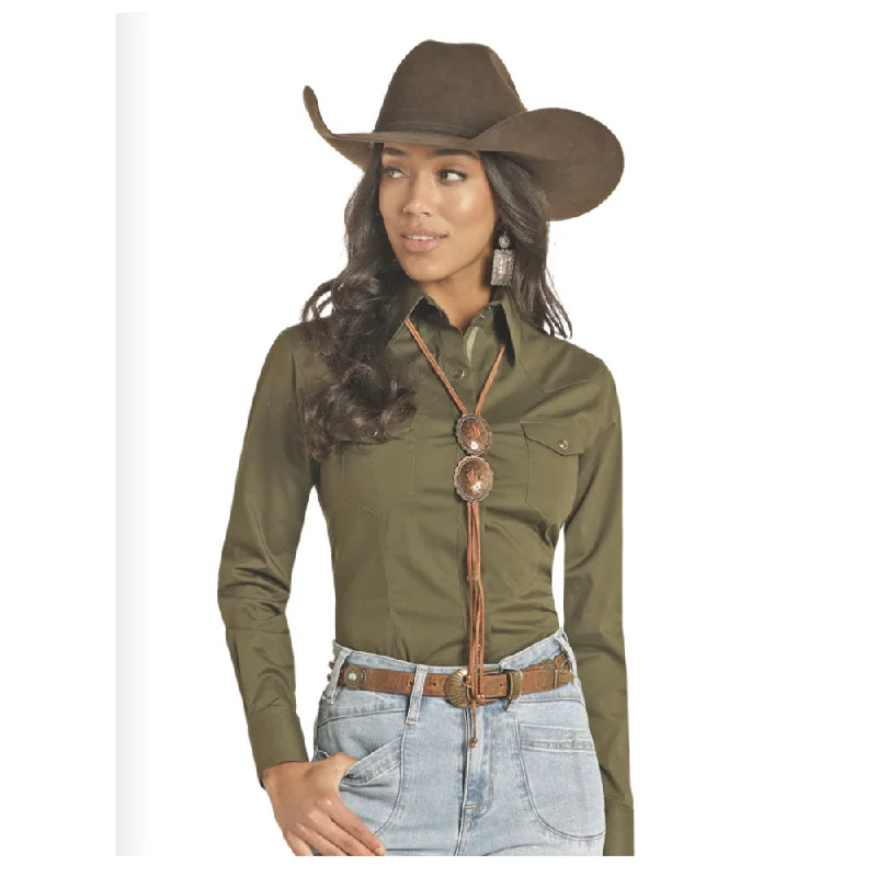 PWN2S04830 Panhandle Women's Long Sleeve Solid Poplin Snap Shirt - Olive-- Hooded Caped Shawl Collar PWN2S04830 Panhandle Women's Long Sleeve Solid Poplin Snap Shirt - Olive-- Hooded Caped Shawl Collar