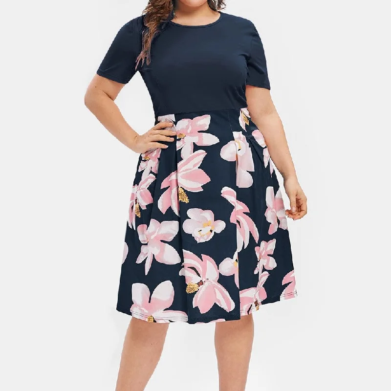 FREE OSTRICH Plus Size 5XL Women Flower Print Plus Size Midi A Line Dress Mini Dress Shirt Dress summer dress Elegant vestidos Cozy Cowl Neck Mini Dress
