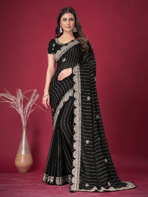 Women's Chiffon Black Embroidered Designer Saree With Blouse Piece Cotton Casual Blouse Women's Chiffon Black Embroidered Designer Saree With Blouse Piece Cotton Casual Blouse