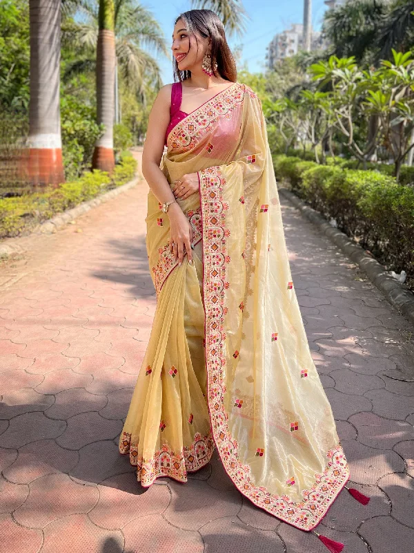 Women's Tissue Yellow Embellished Designer Saree With Blouse Piece Playful Puff Blouse Women's Tissue Yellow Embellished Designer Saree With Blouse Piece Playful Puff Blouse