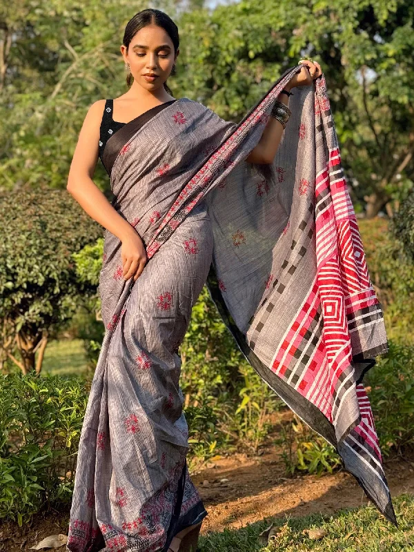 Women's Cotton Grey Printed Designer Saree With Blouse Piece Lightweight Tunic Blouse Women's Cotton Grey Printed Designer Saree With Blouse Piece Lightweight Tunic Blouse