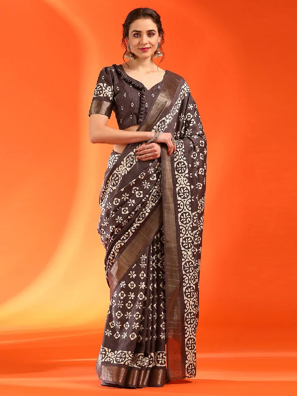 Women's Silk Blend Brown Printed Designer Saree With Blouse Piece Elegant Peplum Blouse Women's Silk Blend Brown Printed Designer Saree With Blouse Piece Elegant Peplum Blouse