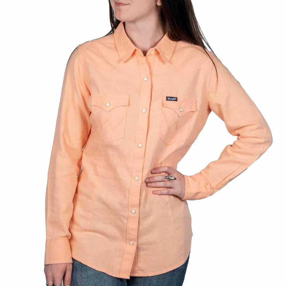 112347182 Wrangler Women's Retro® Long Sleeve Solid Peach Snap Shirt-- Solid Print Embellished 112347182 Wrangler Women's Retro® Long Sleeve Solid Peach Snap Shirt-- Solid Print Embellished