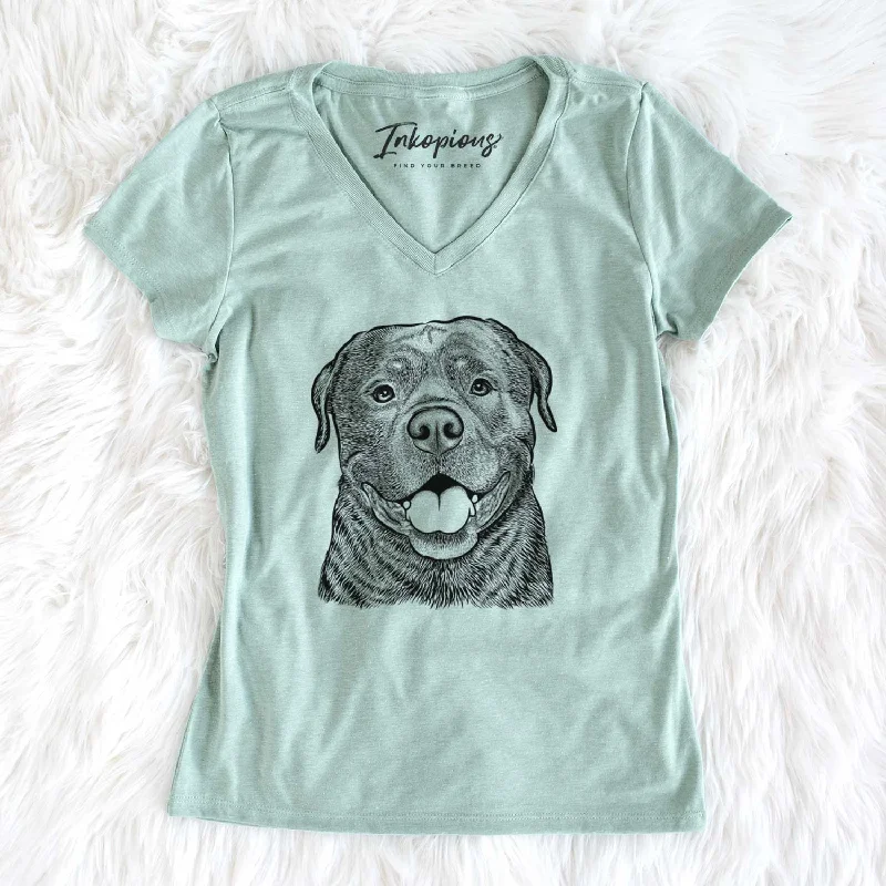 Bare Kojak the Rottweiler - Women's V-neck Shirt-- Denim Fabric Leather Fabric Suede Fabric Bare Kojak the Rottweiler - Women's V-neck Shirt-- Denim Fabric Leather Fabric Suede Fabric
