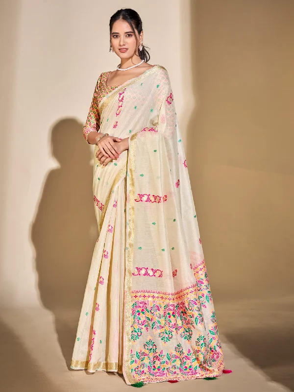 Women's Cotton Blend Off White Woven Design Designer Saree With Blouse Piece Double-Layered Blouse Women's Cotton Blend Off White Woven Design Designer Saree With Blouse Piece Double-Layered Blouse