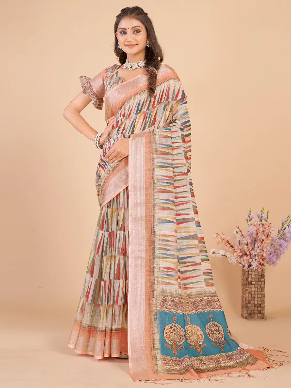 Women's Linen Blend Multicolored Printed Designer Saree With Blouse Piece Chic Square Blouse Women's Linen Blend Multicolored Printed Designer Saree With Blouse Piece Chic Square Blouse