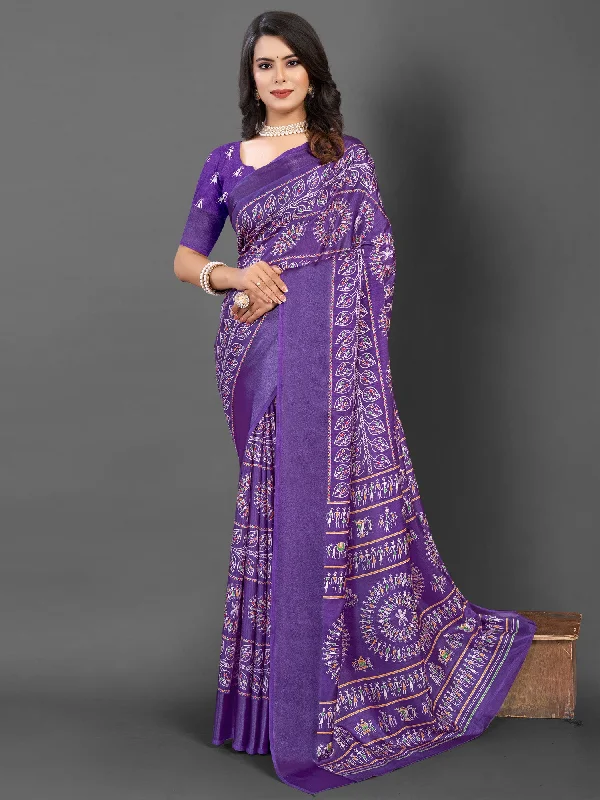 Women's Dola Silk Purple Printed Designer Saree With Blouse Piece Double-Layered Blouse Women's Dola Silk Purple Printed Designer Saree With Blouse Piece Double-Layered Blouse