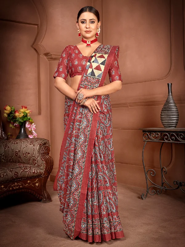 Women's Cotton Brown Printed Designer Saree With Blouse Piece Everyday Stylish Blouse Women's Cotton Brown Printed Designer Saree With Blouse Piece Everyday Stylish Blouse