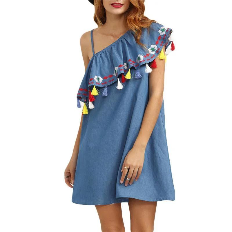Woman One Shoulder Ruffle Tassel Embroidered Dresses Cute Women Blue Shift Mini Dress Fashionable Lace-Trim Mini Dress Woman One Shoulder Ruffle Tassel Embroidered Dresses Cute Women Blue Shift Mini Dress Fashionable Lace-Trim Mini Dress