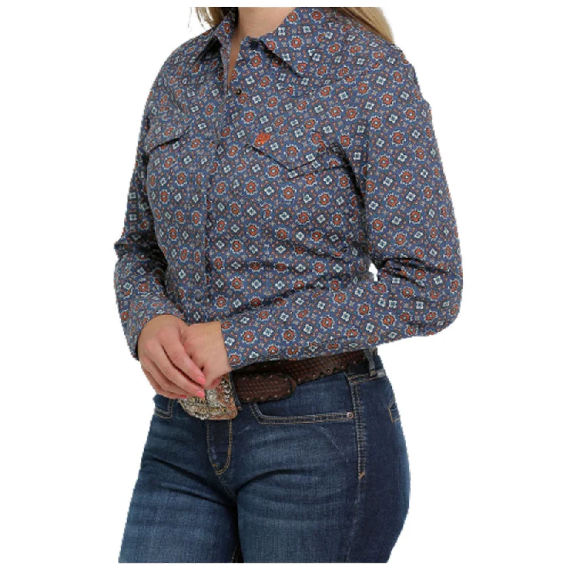 MSW9201035 Cinch Women's Long Sleeve Button Shirt - Blue Print-- Satin Blend Silk Blend Wool Blend MSW9201035 Cinch Women's Long Sleeve Button Shirt - Blue Print-- Satin Blend Silk Blend Wool Blend