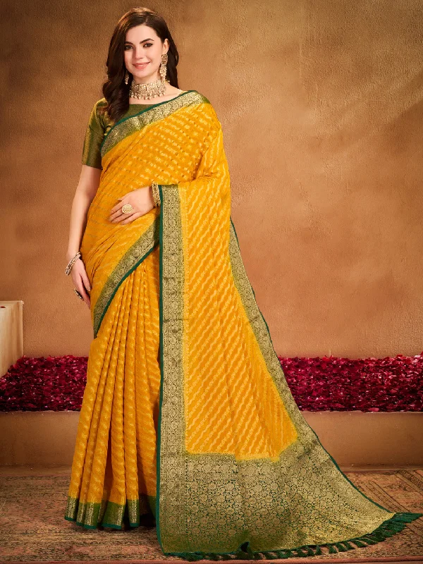 Women's Georgette Yellow Woven Design Designer Saree With Blouse Piece Classic Striped Blouse Women's Georgette Yellow Woven Design Designer Saree With Blouse Piece Classic Striped Blouse