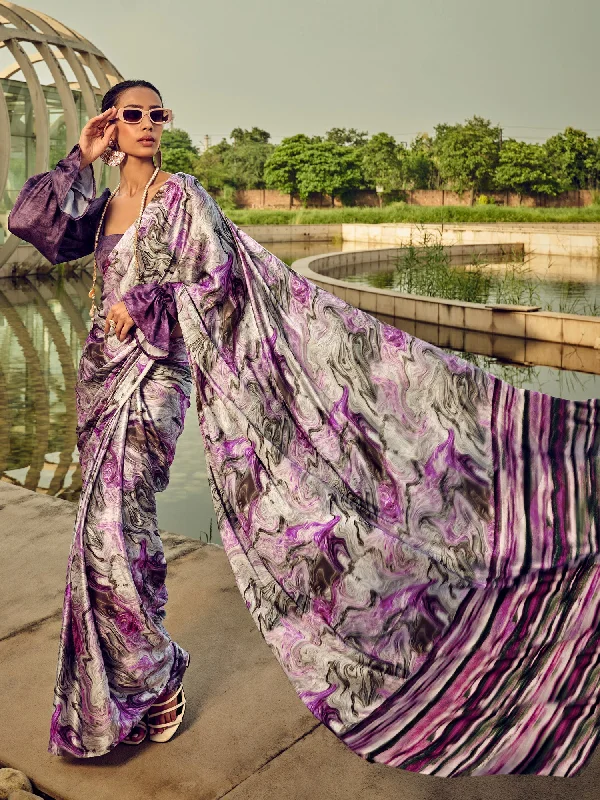Women's Satin Silk Purple Printed Designer Saree With Blouse Piece Peter Pan Collar Blouse Women's Satin Silk Purple Printed Designer Saree With Blouse Piece Peter Pan Collar Blouse